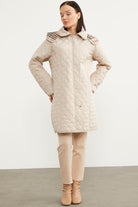 Kapüşonlu Ekose Detaylı Uzun Mont - Taş - Sementa