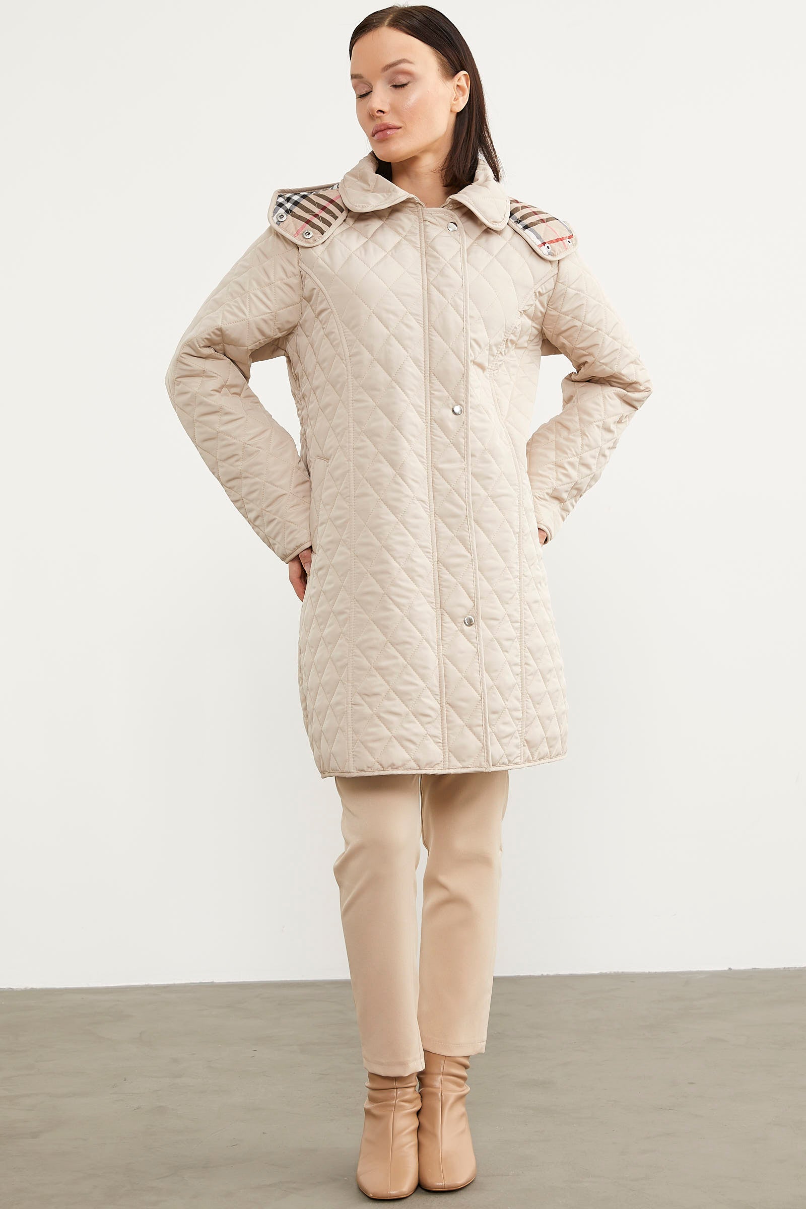 Kapüşonlu Ekose Detaylı Uzun Mont - Taş - Sementa