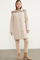 Kapüşonlu Ekose Detaylı Uzun Mont - Taş - Sementa