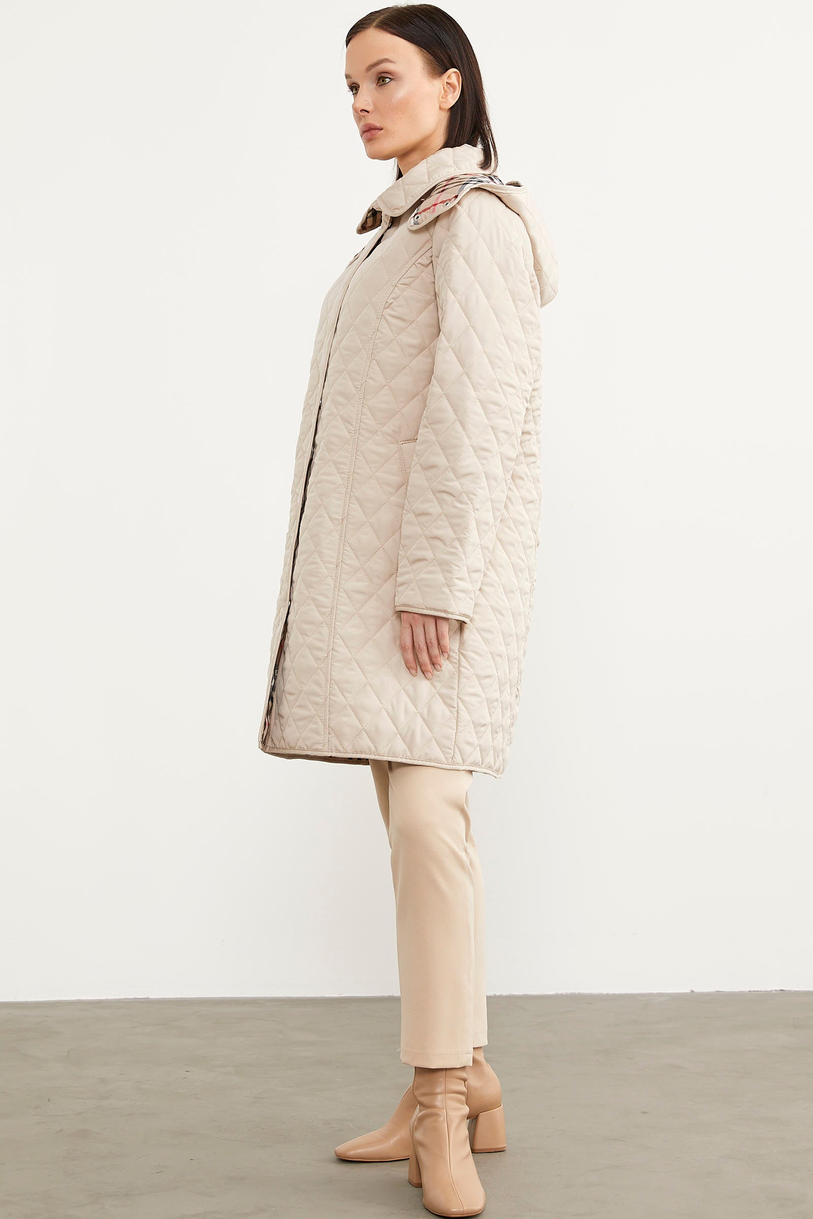 Kapüşonlu Ekose Detaylı Uzun Mont - Taş - Sementa