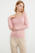 Kare Yaka Basic Triko Kazak - Gül (3) Sementa