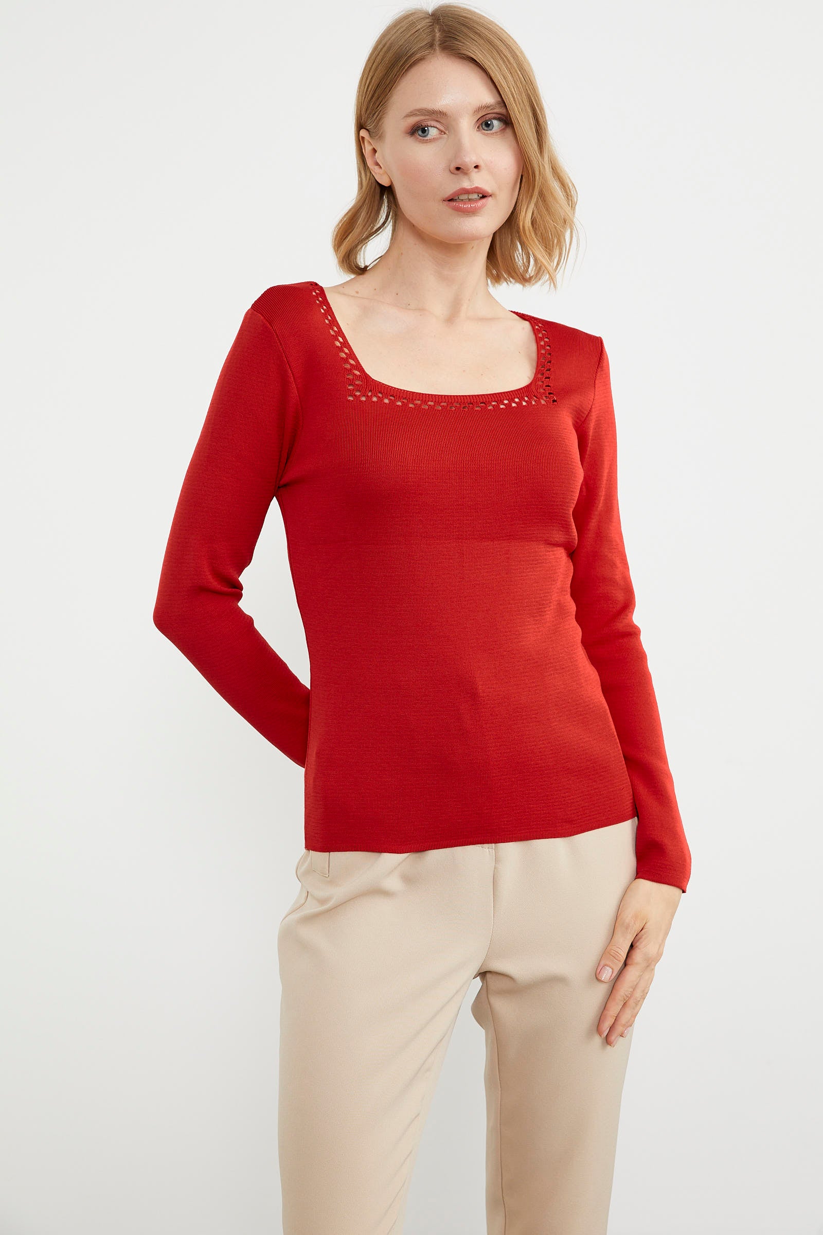 Kare Yaka Basic Triko Kazak - Kırmızı (1) Sementa