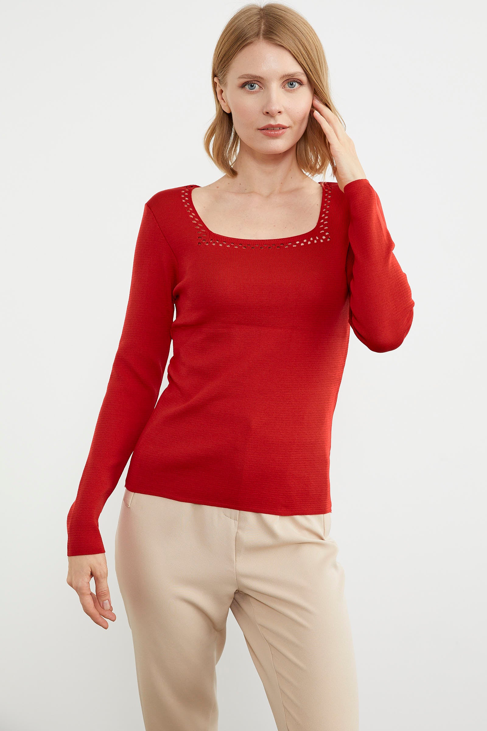 Kare Yaka Basic Triko Kazak - Kırmızı (2) Sementa