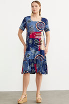 Kare Yaka Dökümlü Viskon Elbise - Lacivert (2) Sementa