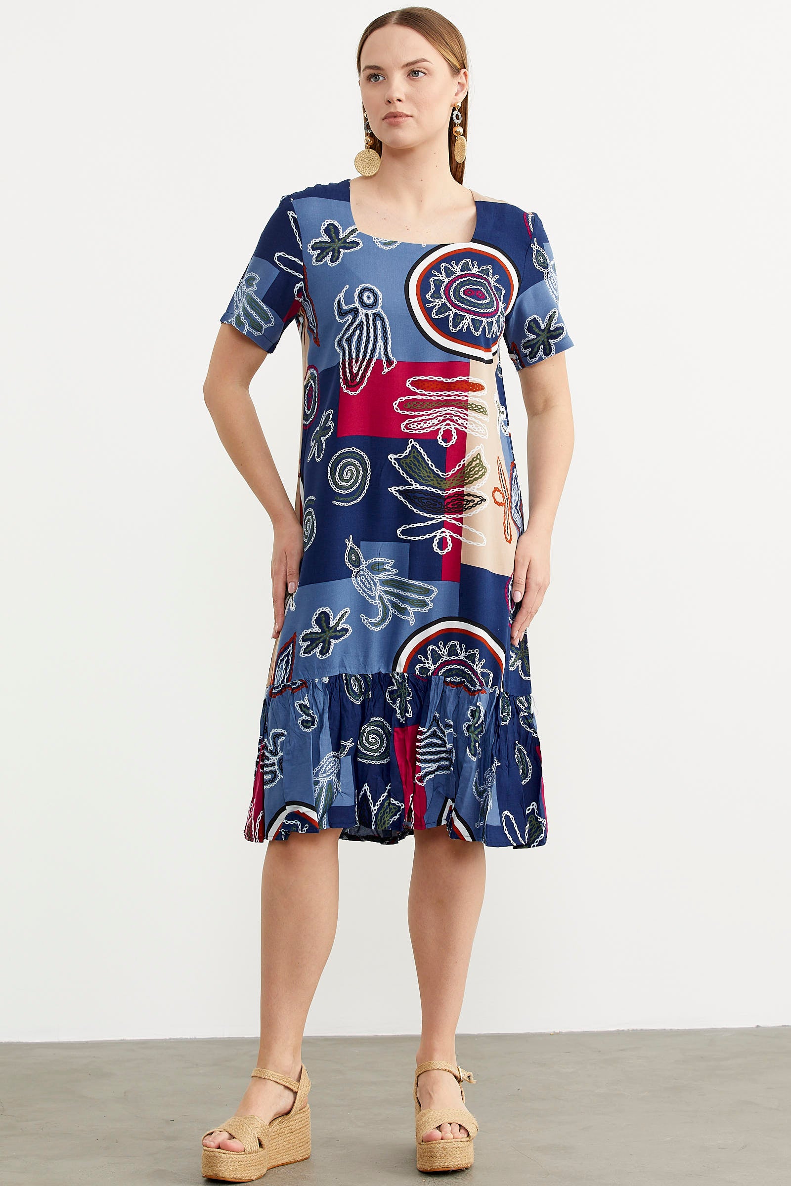 Kare Yaka Dökümlü Viskon Elbise - Lacivert (2) Sementa