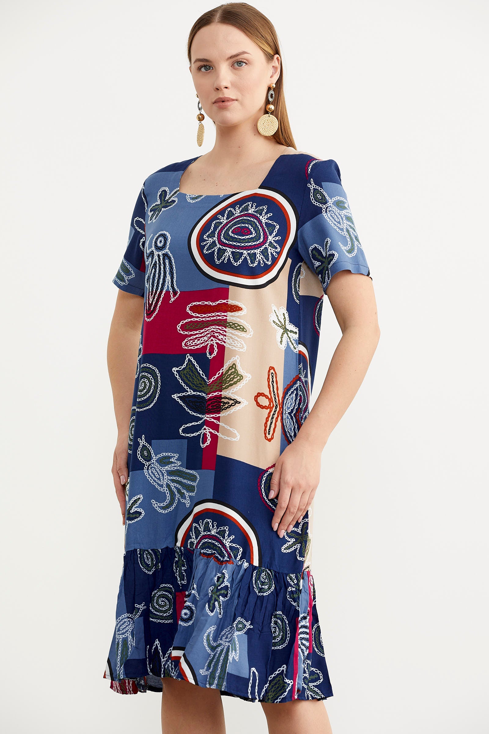 Kare Yaka Dökümlü Viskon Elbise - Lacivert (3) Sementa