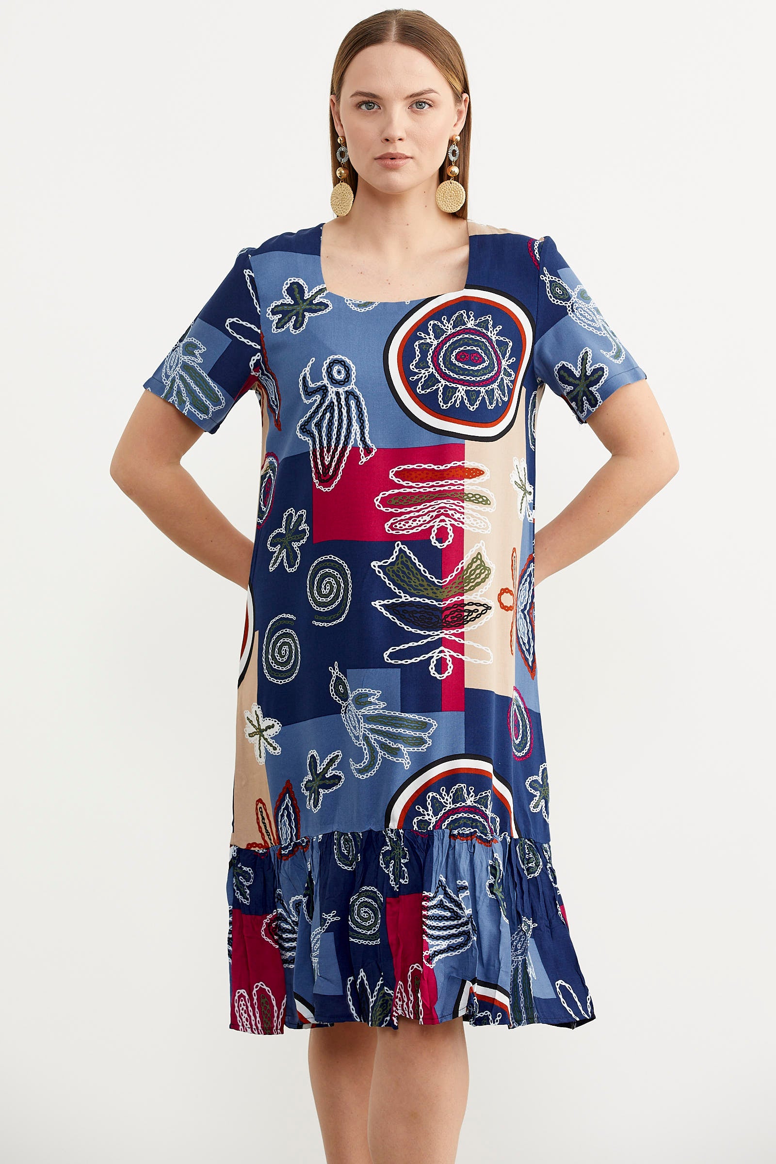 Kare Yaka Dökümlü Viskon Elbise - Lacivert (5) Sementa