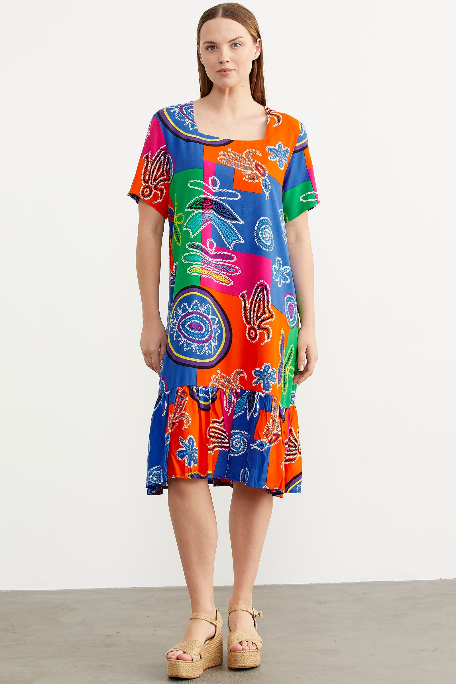 Kare Yaka Dökümlü Viskon Elbise - Yeşil (1) Sementa