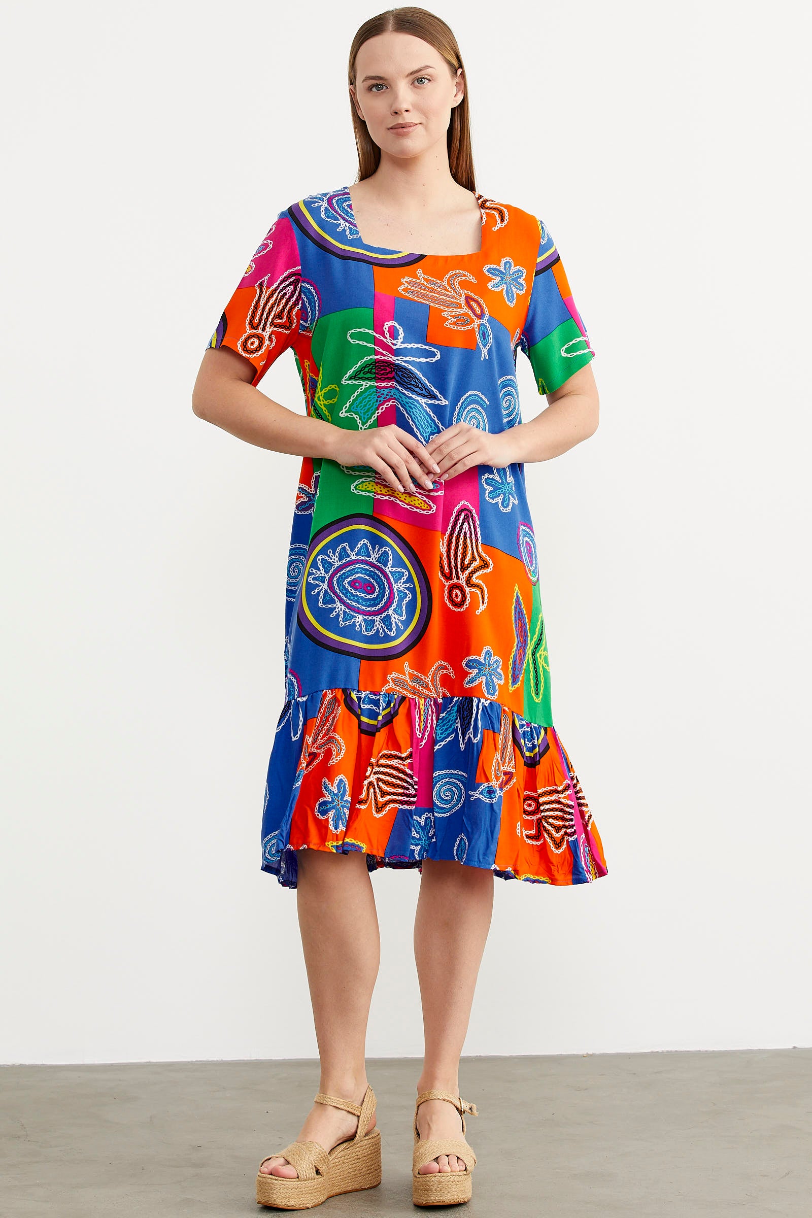 Kare Yaka Dökümlü Viskon Elbise - Yeşil (2) Sementa