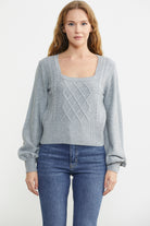 Kare Yaka Geniş Kol Triko Kazak - Gri - Sementa