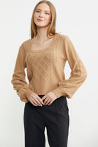 Kare Yaka Geniş Kol Triko Kazak - Kamel - Sementa