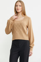 Kare Yaka Geniş Kol Triko Kazak - Kamel - Sementa