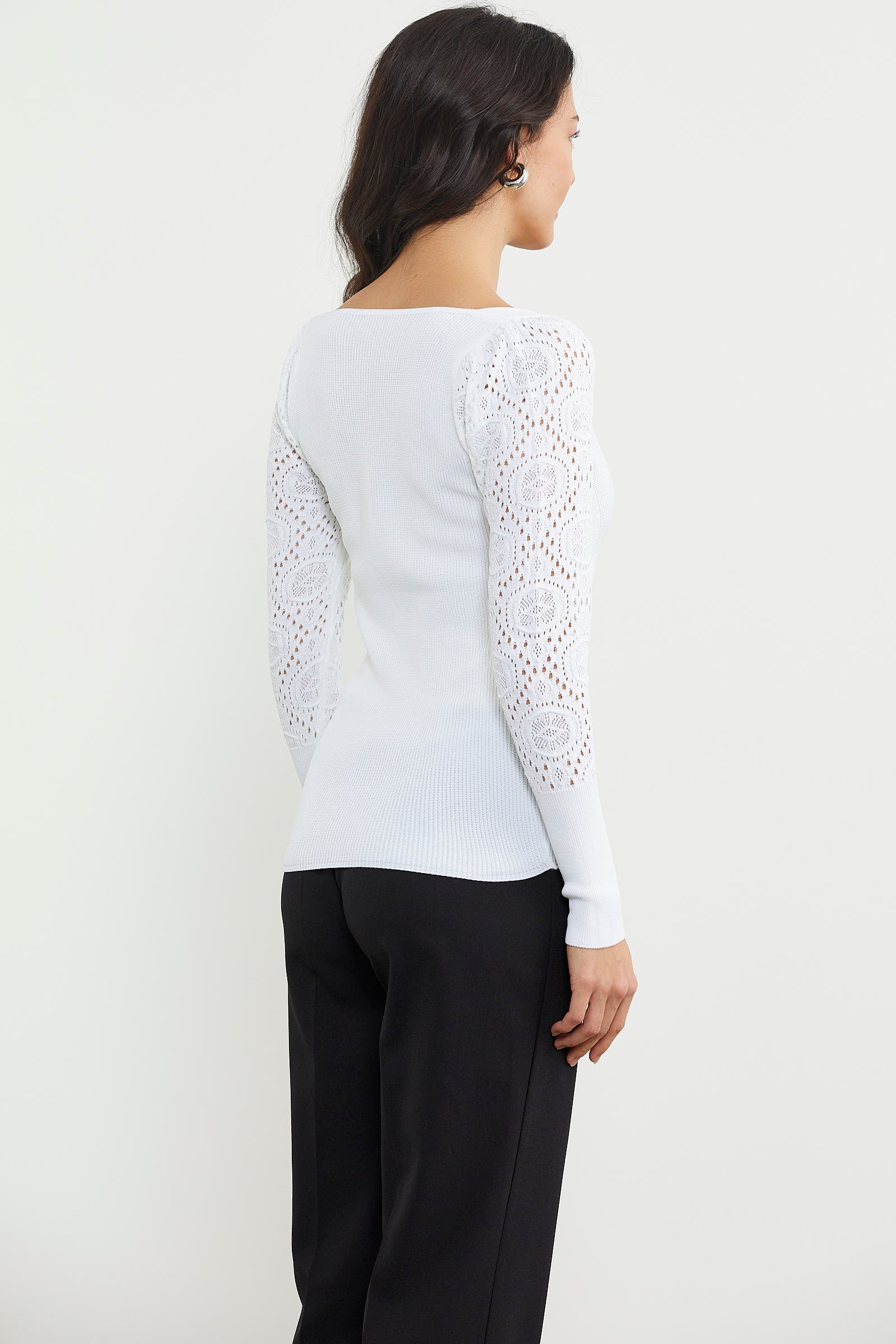 Kare Yaka Kolu Desenli Triko Kazak - Kemik (5) Sementa