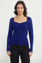 Kare Yaka Kolu Desenli Triko Kazak - Saks (1) Sementa