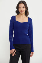 Kare Yaka Kolu Desenli Triko Kazak - Saks (2) Sementa