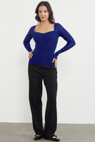 Kare Yaka Kolu Desenli Triko Kazak - Saks (3) Sementa