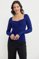 Kare Yaka Kolu Desenli Triko Kazak - Saks (4) Sementa