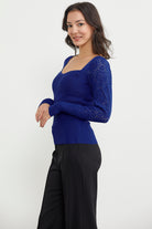 Kare Yaka Kolu Desenli Triko Kazak - Saks (5) Sementa