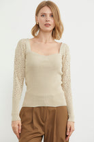 Kare Yaka Kolu Desenli Triko Kazak - Taş (4) Sementa