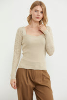 Kare Yaka Kolu Desenli Triko Kazak - Taş (5) Sementa