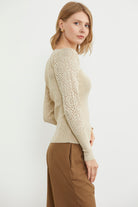 Kare Yaka Kolu Desenli Triko Kazak - Taş (6) Sementa