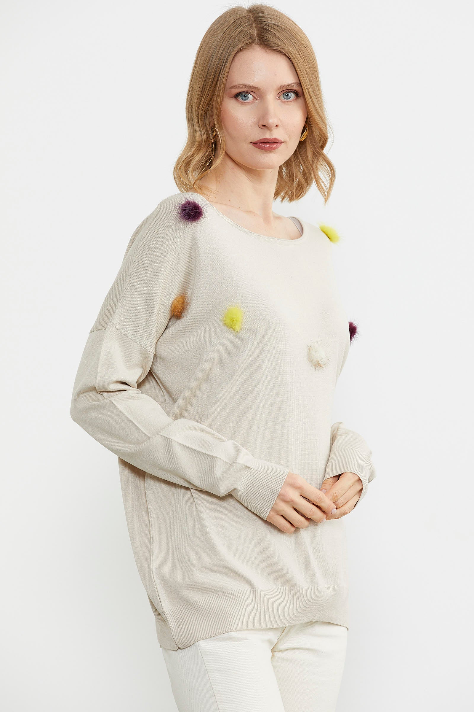 Kayık Yaka Ponpon Detaylı Triko Kazak - Bej (2) Sementa