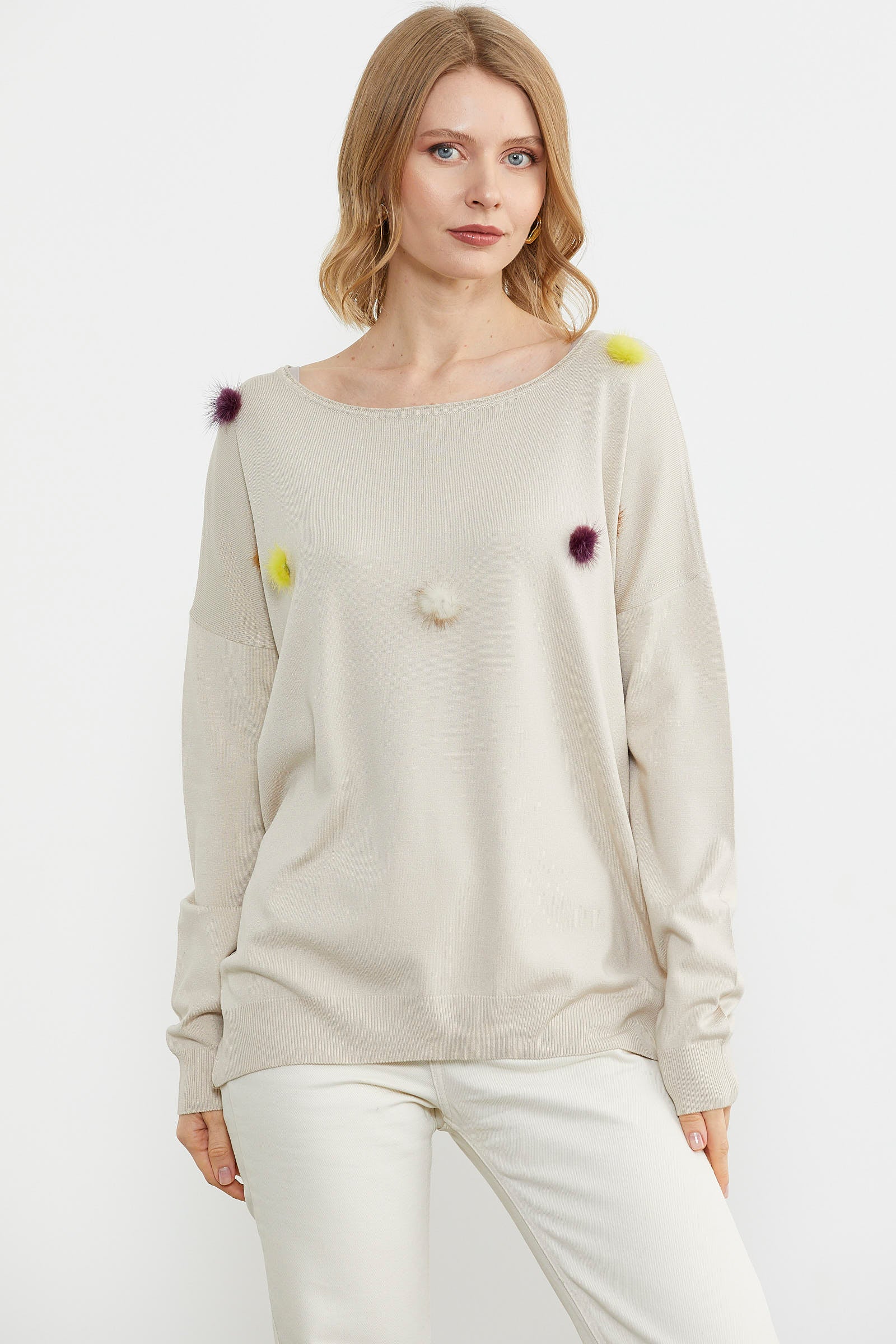 Kayık Yaka Ponpon Detaylı Triko Kazak - Bej (3) Sementa