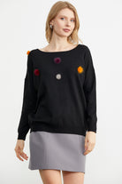 Kayık Yaka Ponpon Detaylı Triko Kazak - Siyah (2) Sementa