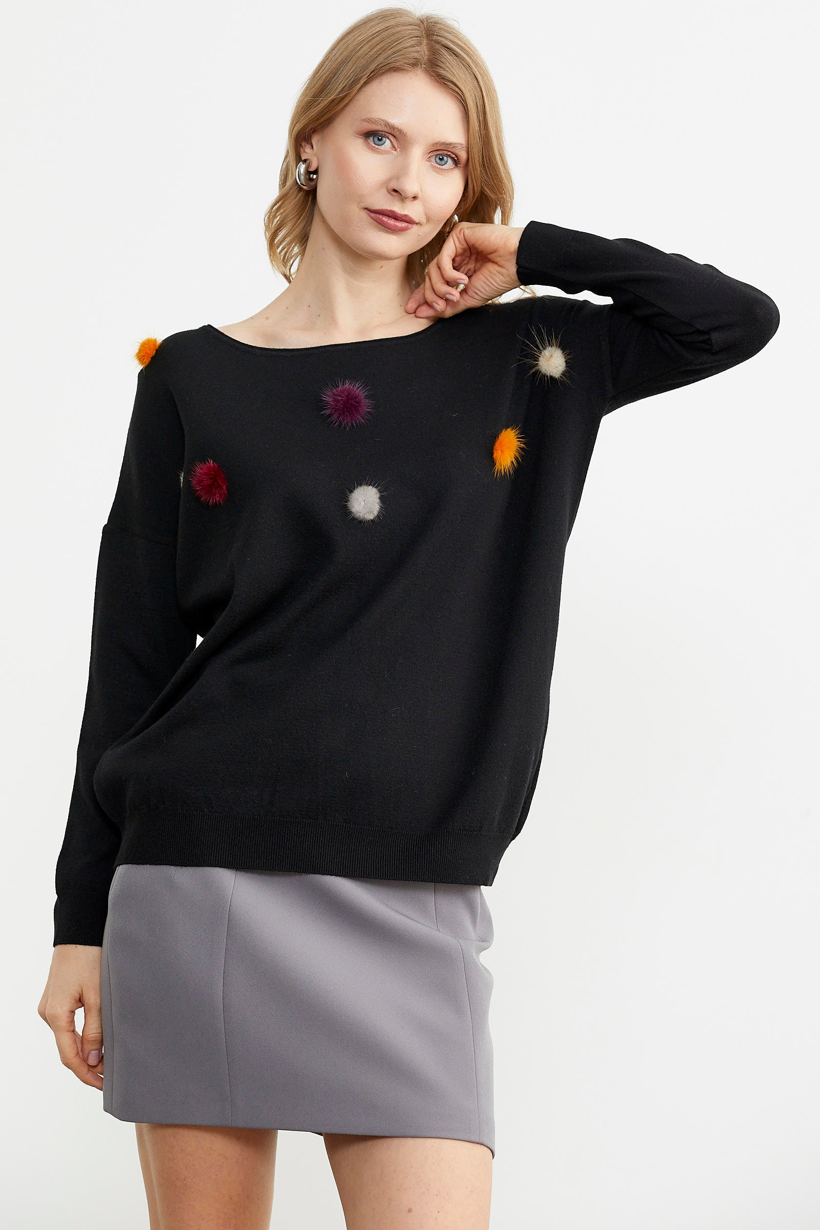 Kayık Yaka Ponpon Detaylı Triko Kazak - Siyah (3) Sementa