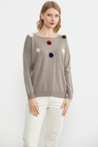 Kayık Yaka Ponpon Detaylı Triko Kazak - Vizon (1) Sementa