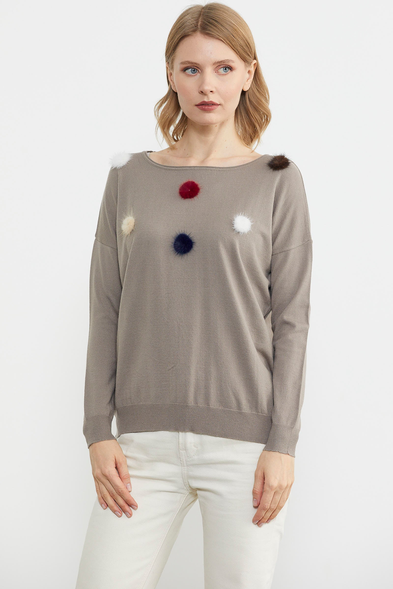 Kayık Yaka Ponpon Detaylı Triko Kazak - Vizon (3) Sementa