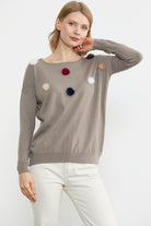 Kayık Yaka Ponpon Detaylı Triko Kazak - Vizon (4) Sementa