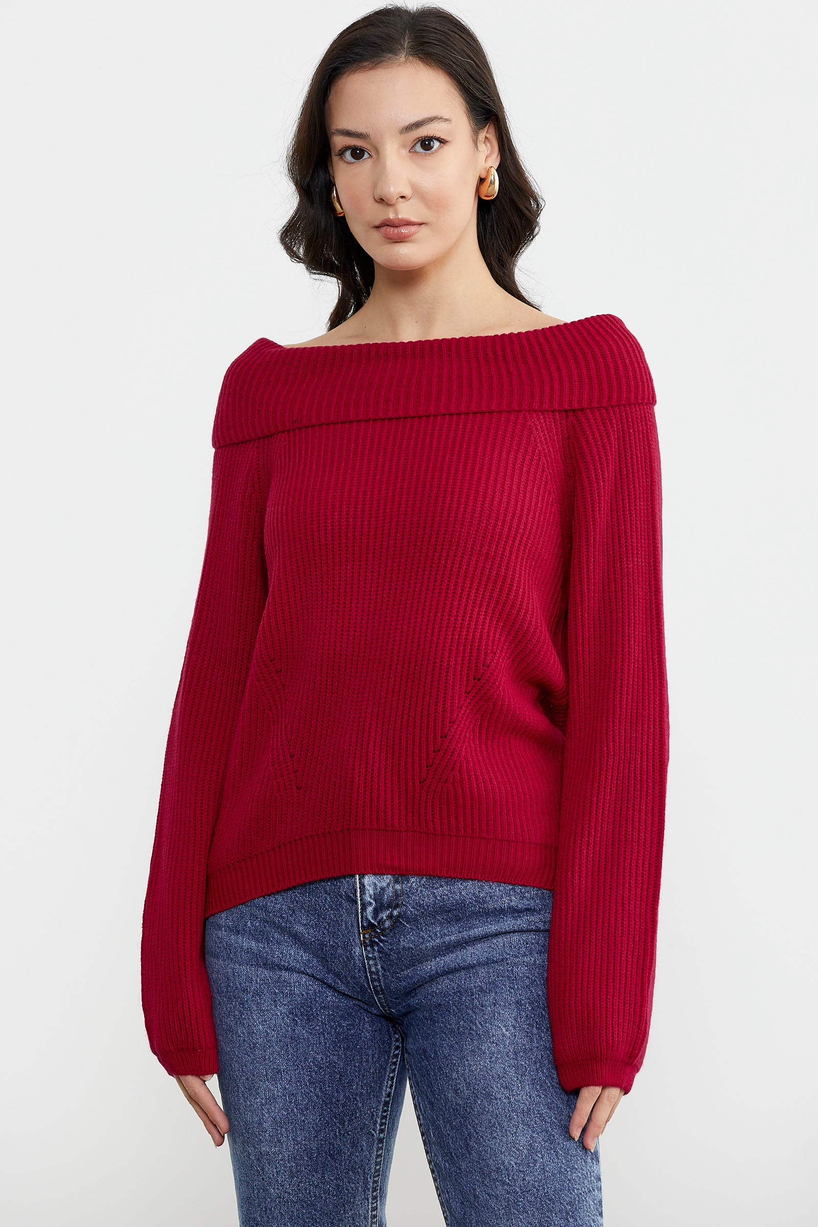 Kayık Yaka Triko Kazak - Kırmızı (1) Sementa