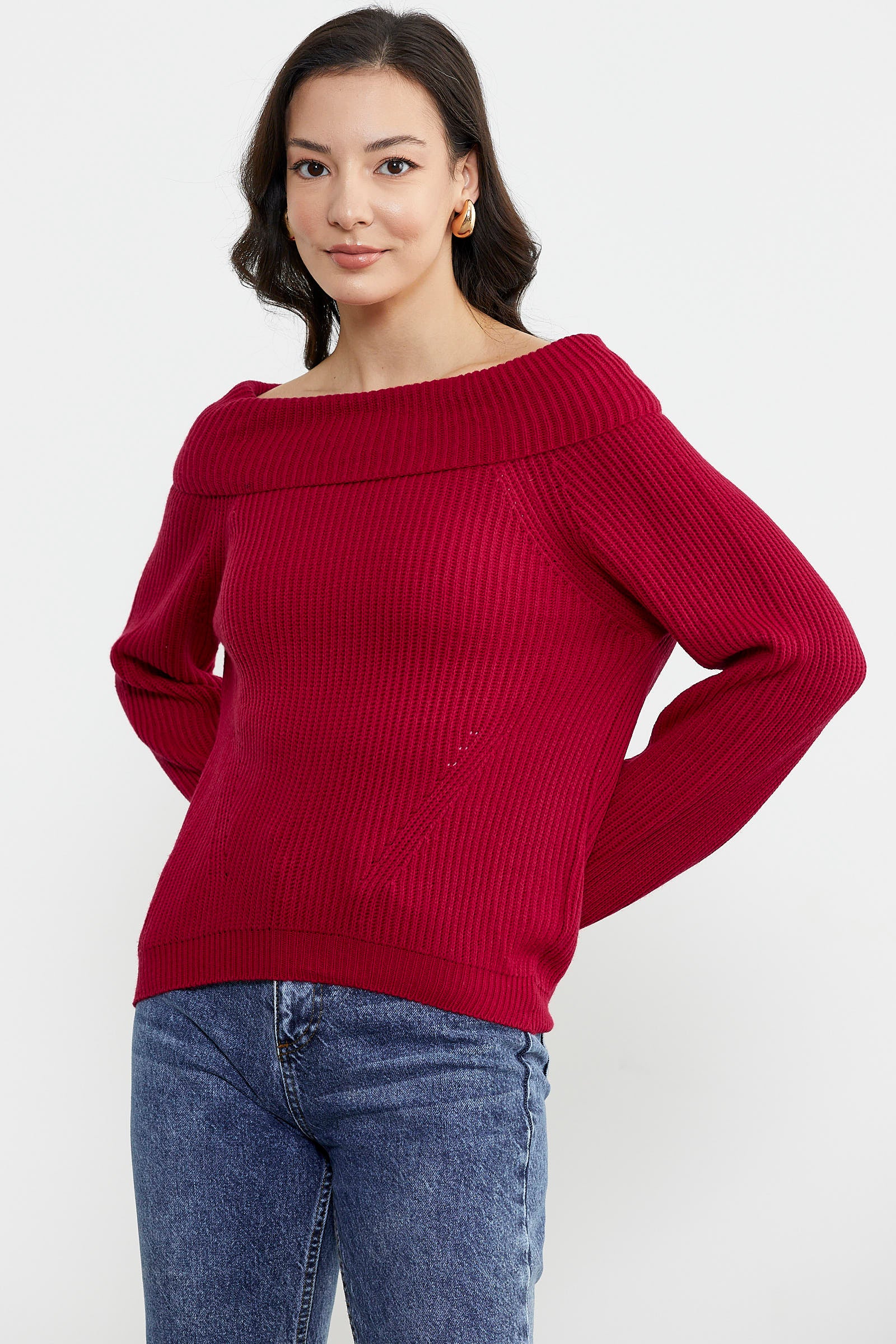 Kayık Yaka Triko Kazak - Kırmızı (3) Sementa