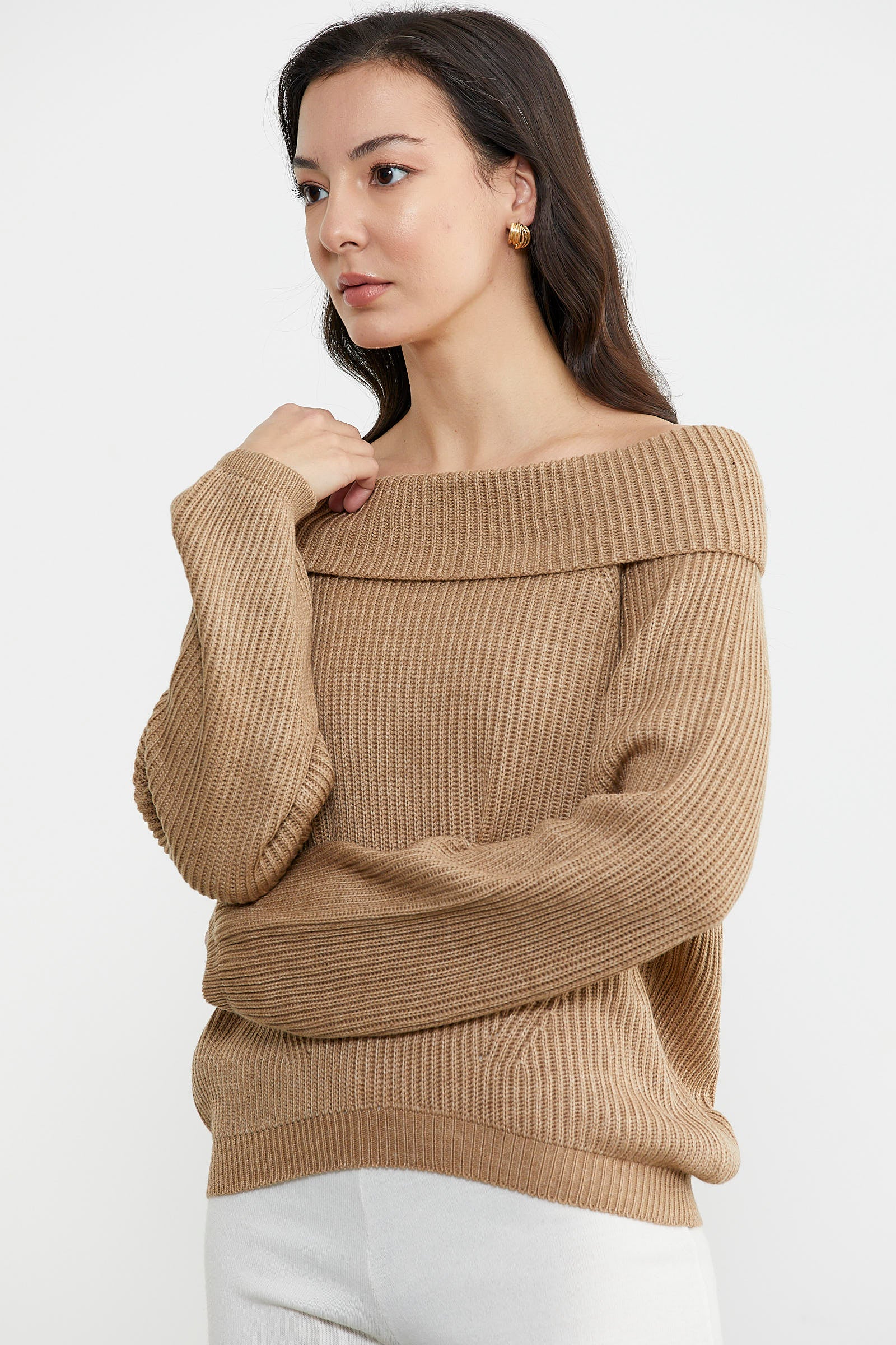 Kayık Yaka Triko Kazak - Kum (3) Sementa