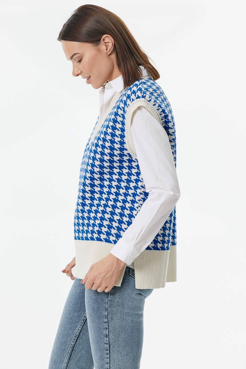 Kazayağı Desenli Triko Süveter - Kemik-Saks (4) Sementa