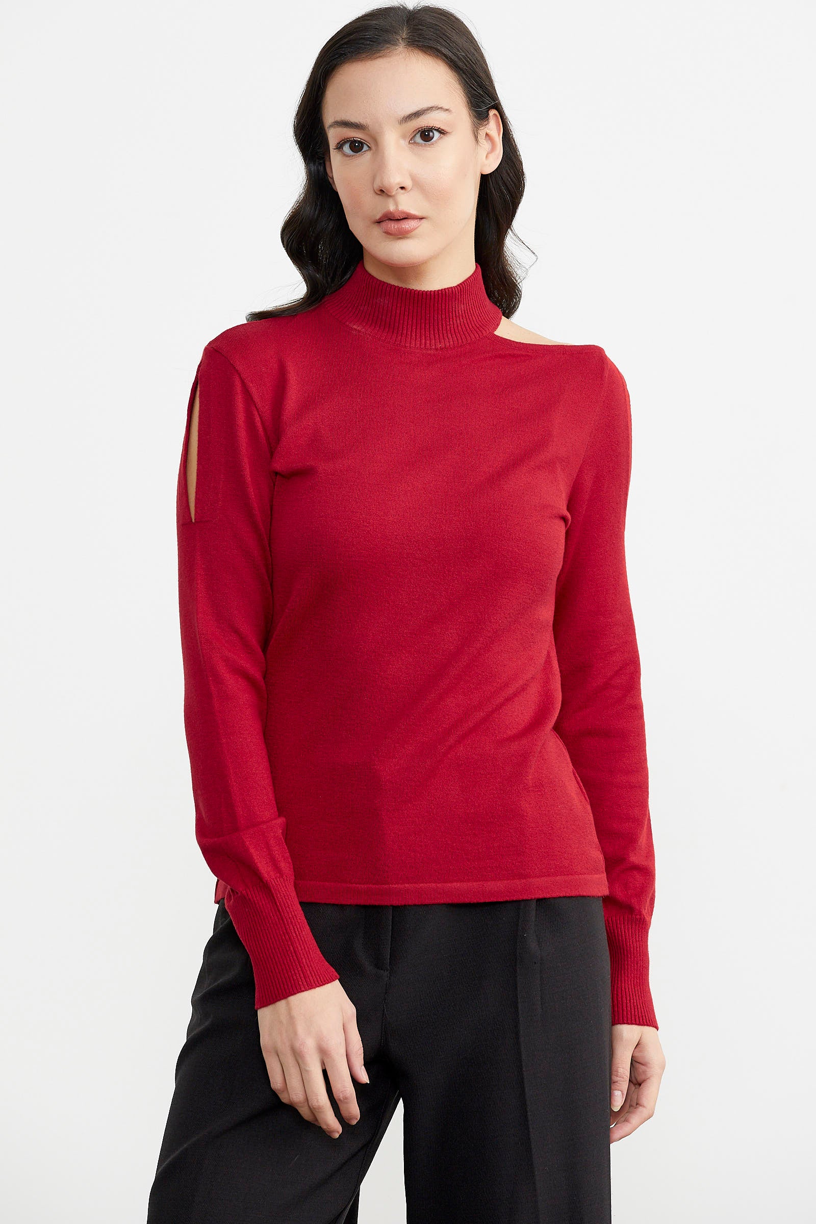 Kol Detaylı Triko Kazak - Kırmızı (1) Sementa