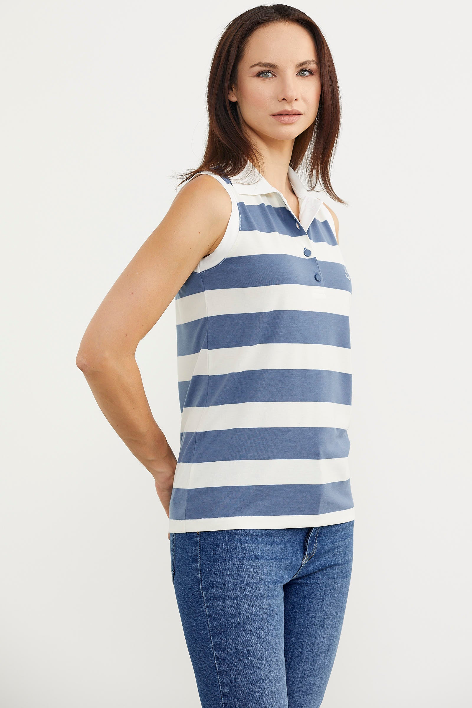 Kolsuz Polo Yaka Çizgili Tişört - Indigo (3) Sementa