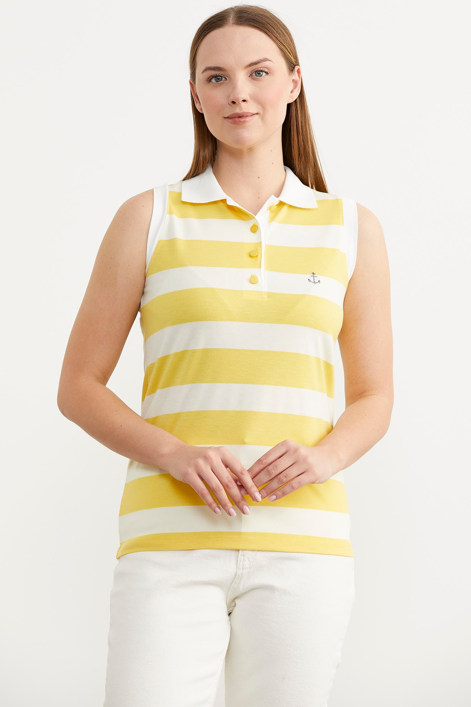 Kolsuz Polo Yaka Çizgili Tişört - Sarı (2) Sementa