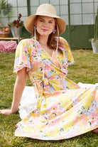 Kruvaze Çiçek Desenli Elbise - Sarı (2) Sementa