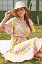 Kruvaze Çiçek Desenli Elbise - Sarı (3) Sementa