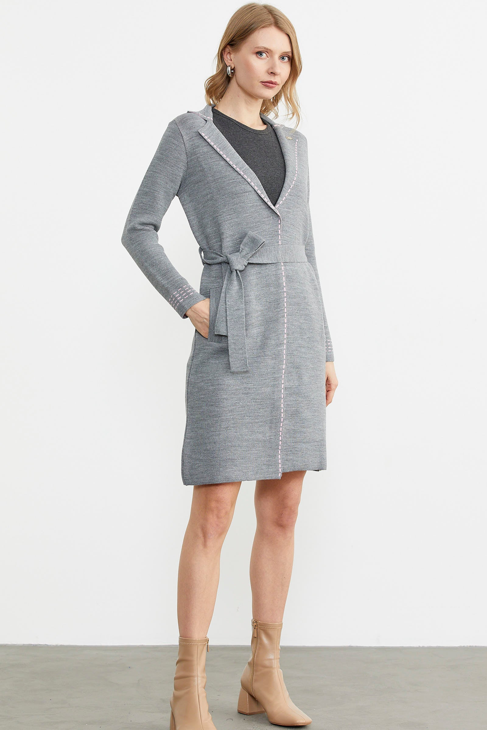 Kuşaklı Uzun Triko Hırka - Gri - Pembe (1) Sementa