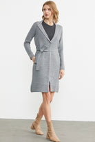 Kuşaklı Uzun Triko Hırka - Gri - Pembe (2) Sementa