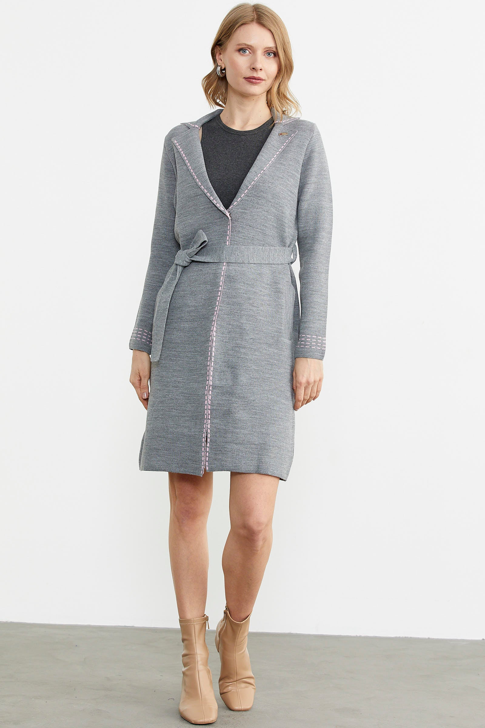 Kuşaklı Uzun Triko Hırka - Gri - Pembe (3) Sementa