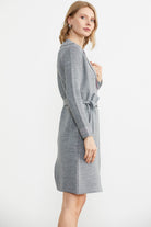 Kuşaklı Uzun Triko Hırka - Gri - Pembe (5) Sementa