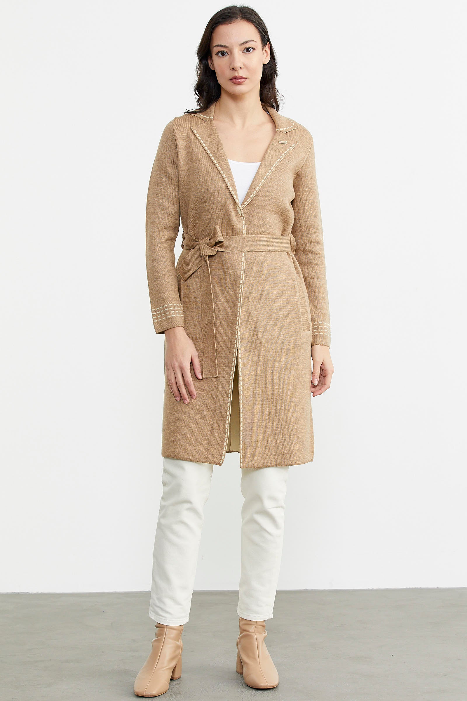 Kuşaklı Uzun Triko Hırka - Kum - Krem (1) Sementa