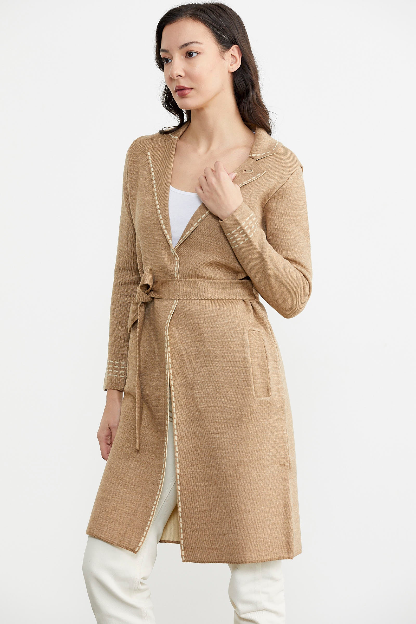 Kuşaklı Uzun Triko Hırka - Kum - Krem (2) Sementa