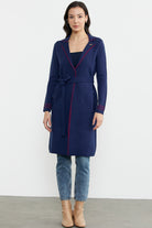 Kuşaklı Uzun Triko Hırka - Lacivert - Kırmızı (1) Sementa