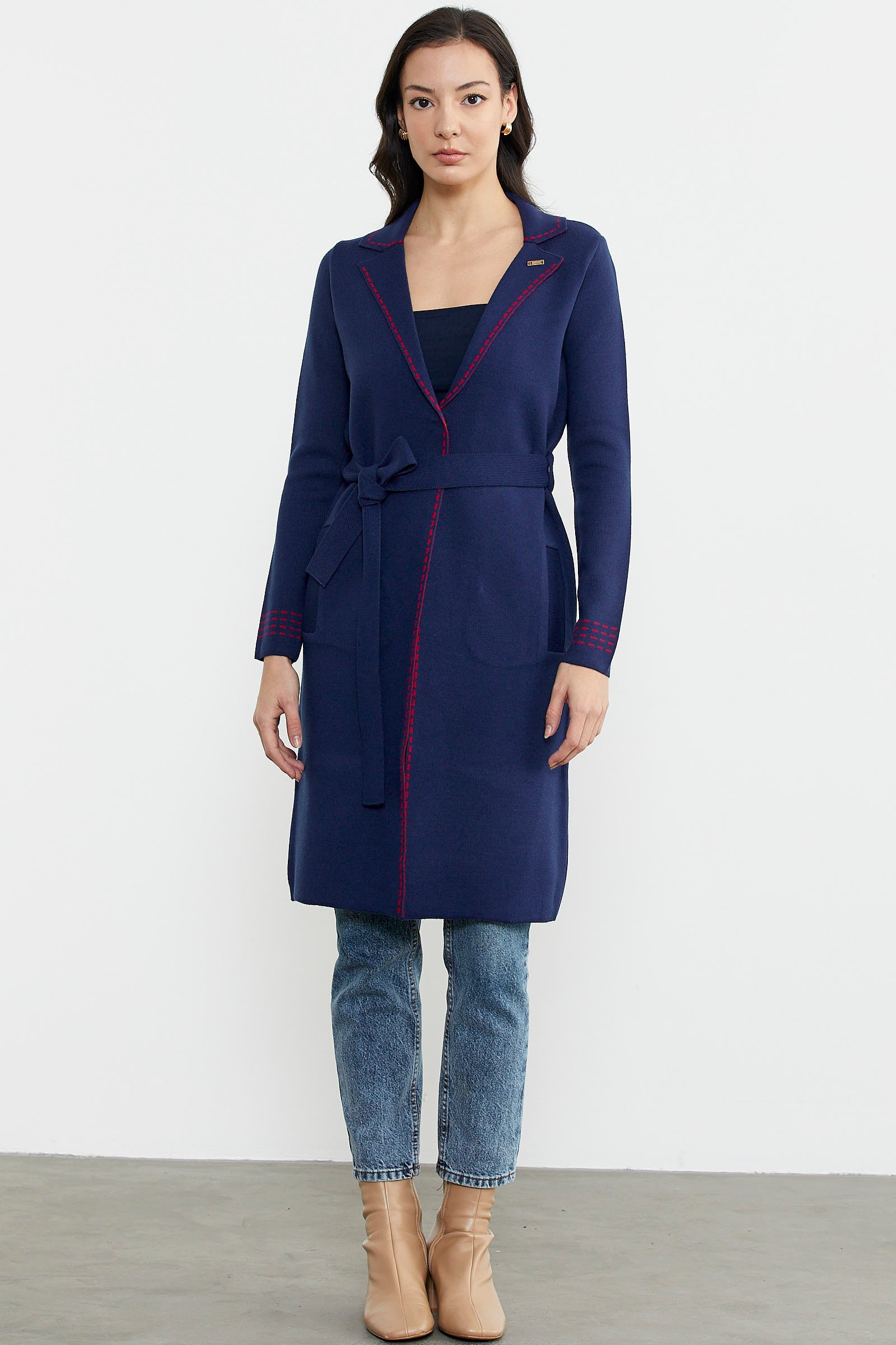 Kuşaklı Uzun Triko Hırka - Lacivert - Kırmızı (1) Sementa