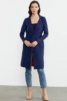 Kuşaklı Uzun Triko Hırka - Lacivert - Kırmızı (2) Sementa